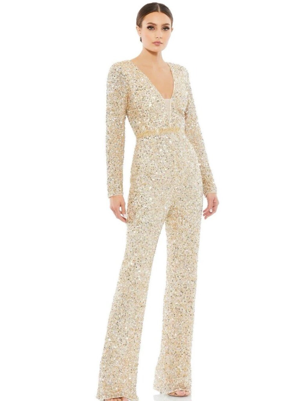 Mac Duggal Size 0 Nude Gold 5411 Long Sleeve Sequin Jumpsuit Cocktail Formal 